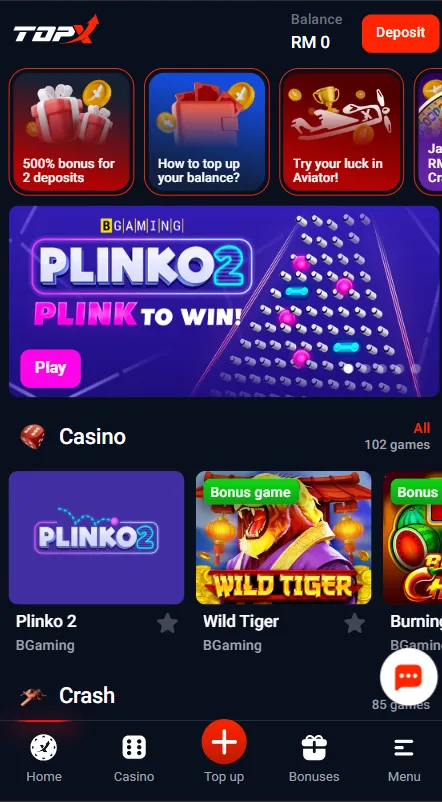TopX Casino app interface