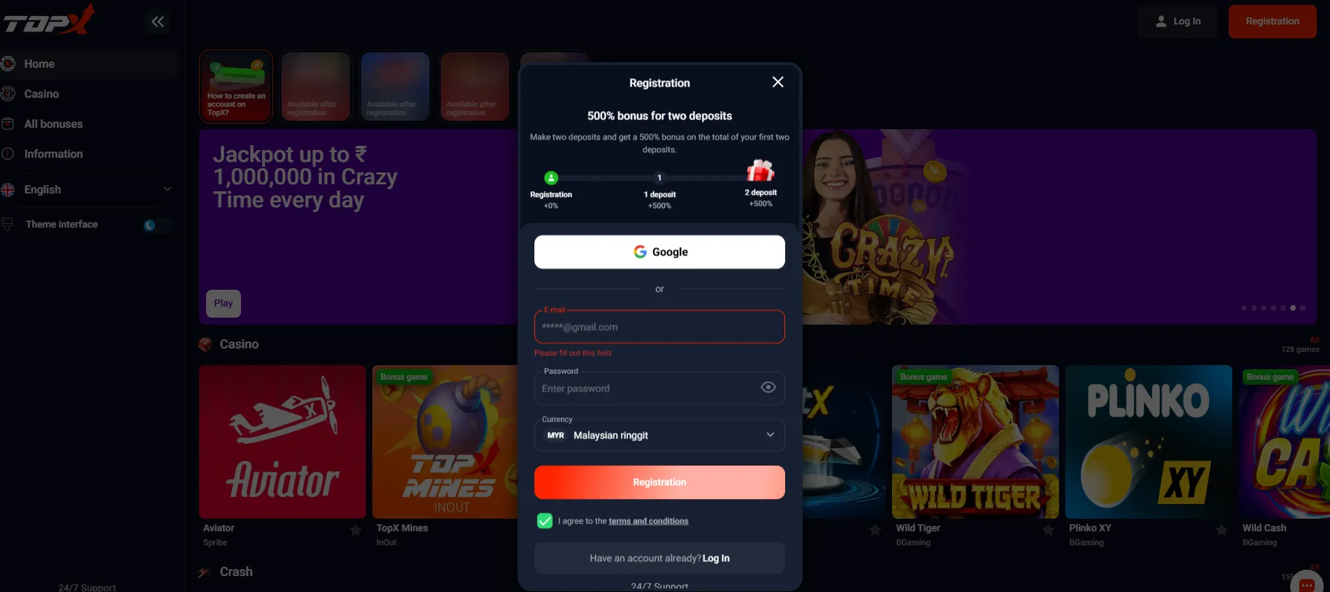 register at TopX Casino